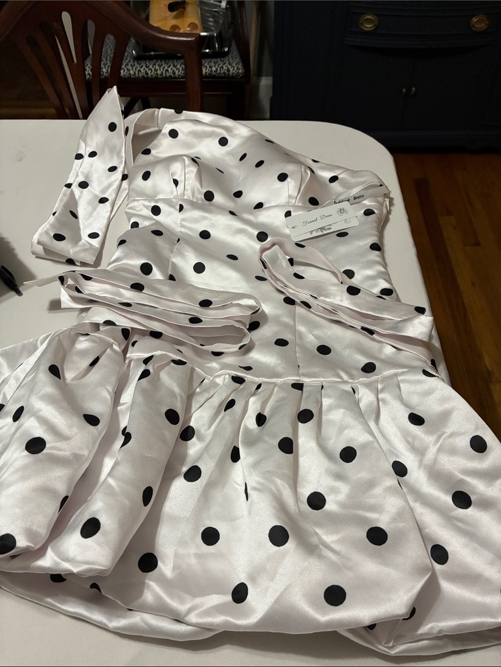 One-Shoulder Polka Dot Satin Dress - White with Black Dots